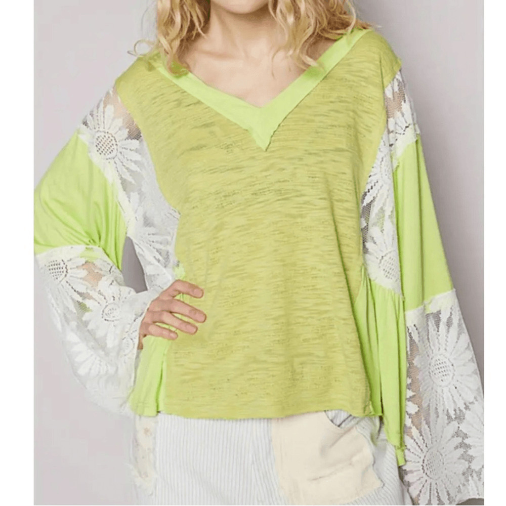 NEW !POL Lime Green Lace Sleeve Women's Top